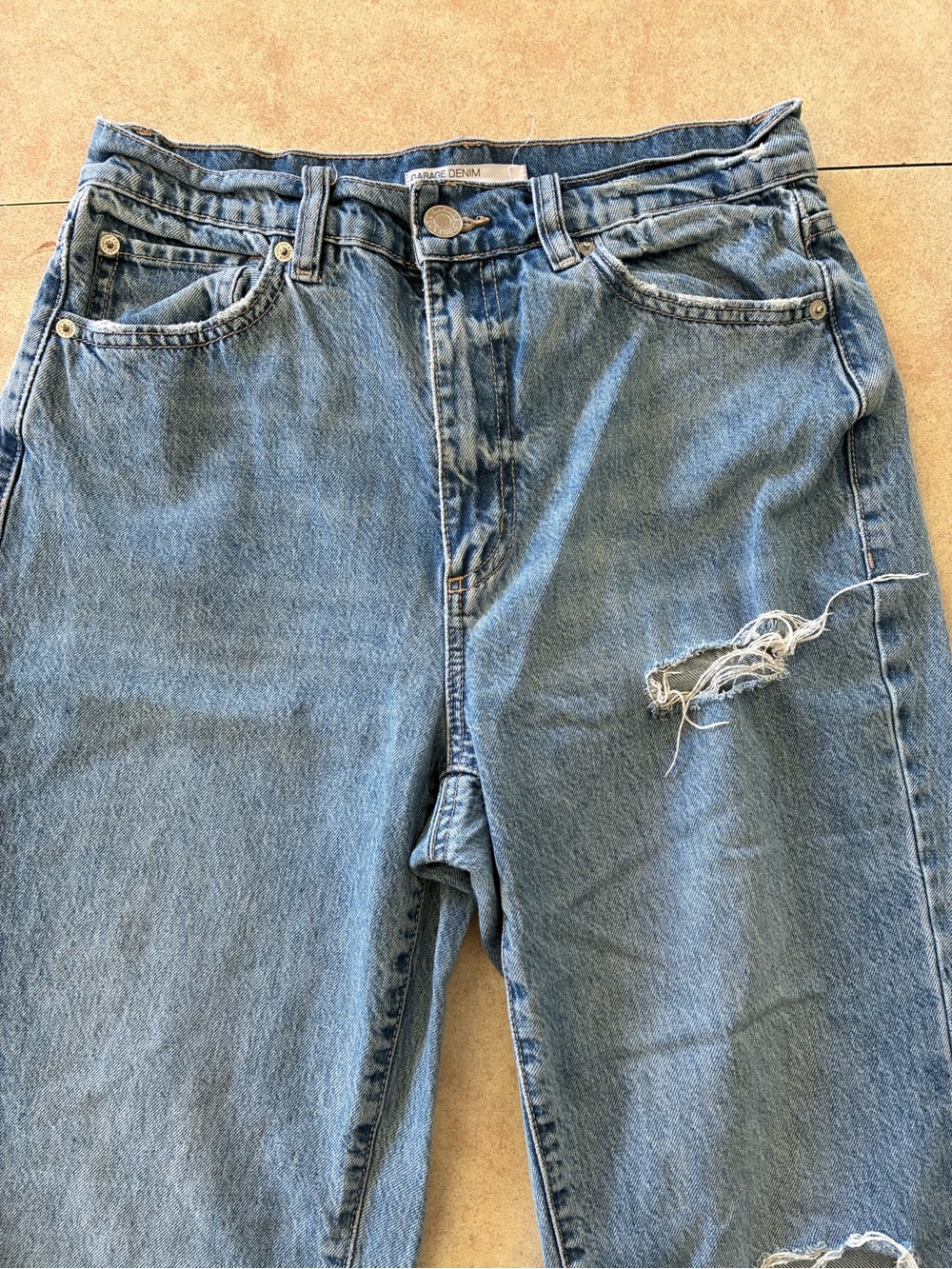 Garage Distressed High Rise Blue Denim Jeans - Classic Ripped Style - Picture 4 of 14